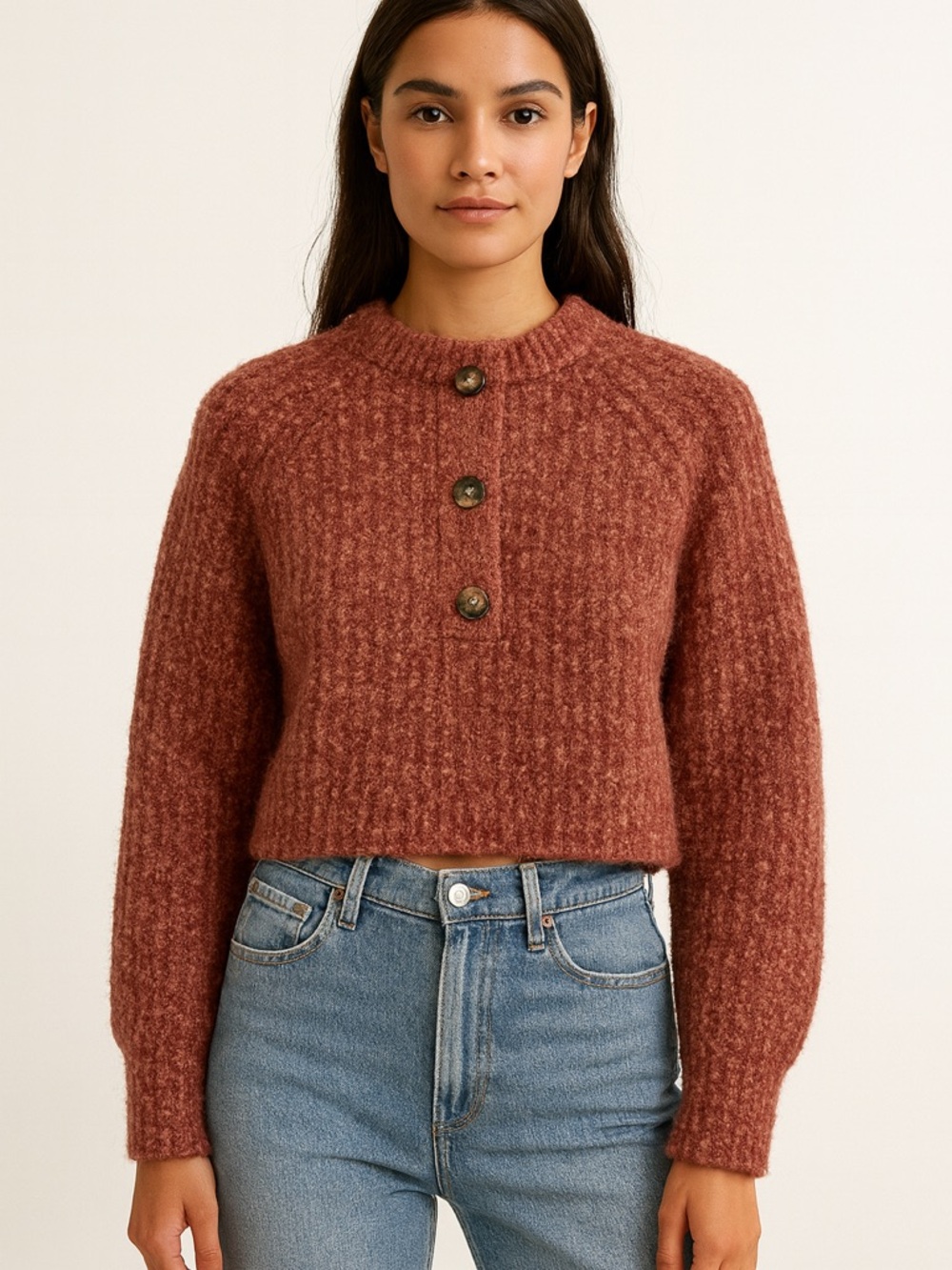 Cropped Waffle-Knit Button Pullover